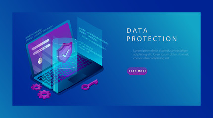 Isometric Protection Network Security and Safe Data Concept. Landing Page Design Templates of Cybersecurity. Digital Crime by an Anonymous Hacker. Vector illustration