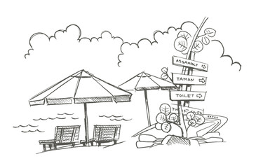 Beach sketch. Signpost, umbrellas with deck chairs. Kayak. Holidays on vacation.
