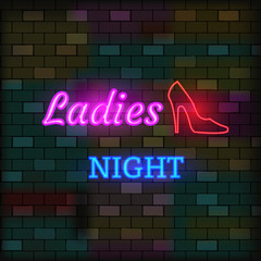 Obraz na płótnie Canvas Vip Neon Icon. Cute Vip Neon Ladies Night Inscription With Red Slipper On The Dark Brick Wall Background. Flat Style. Vector Illustration