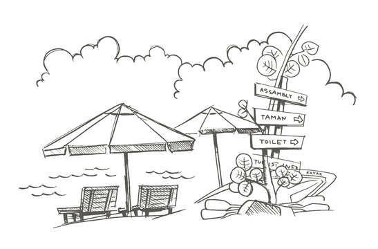 Beach Sketch. Signpost, Umbrellas With Deck Chairs. Kayak. Holidays On Vacation.