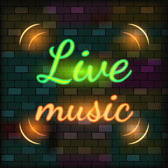 Obraz na płótnie Canvas Vip Neon Icon. Cute Vip Neon Live Music Inscription On The Dark Brick Wall Background. Flat Style. Vector Illustration
