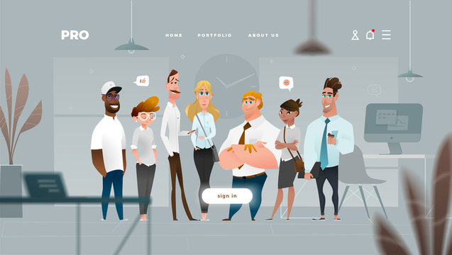 Main Page Web Design with Business Cartoon Characters in Flat Style for Your Projects. 