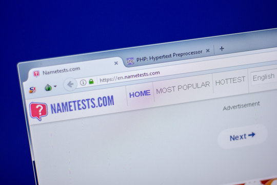 Ryazan, Russia - June 05, 2018: Homepage of Nametests website on the display of PC, url - Nametests.com.