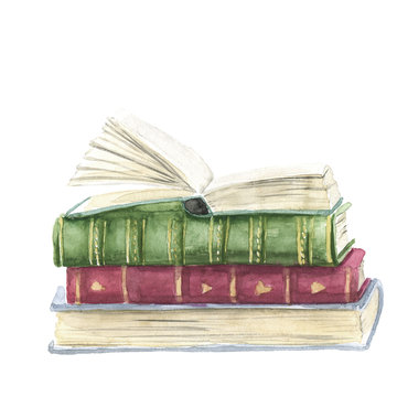 stack of old books handpainted watercolor isolated on white background