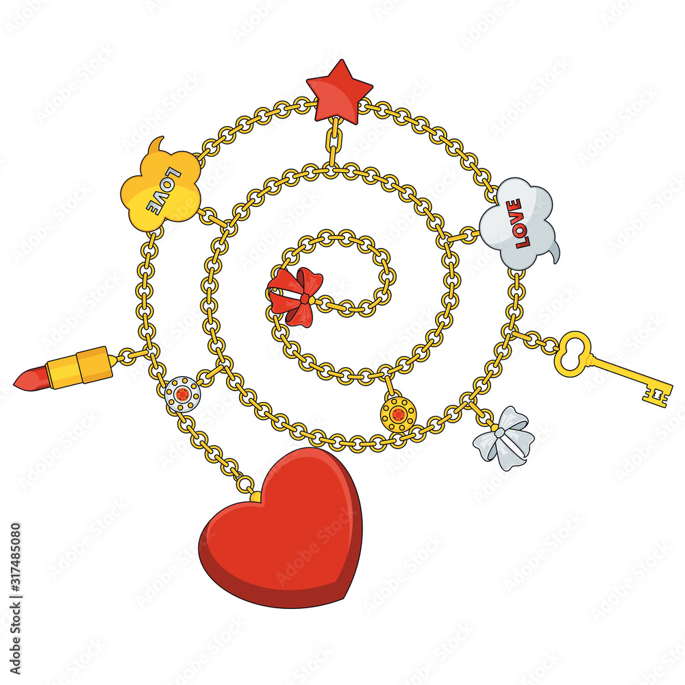 Wall mural Trendy pendant with chains, heart and bow. - Wall murals