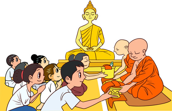 People making merit at the temple have monks and Buddha images.