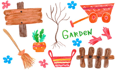 Watercolor set garden tools,  wheelbarrow,  gloves, tree, fence, wooden signpost, broom. Spring  illustration on white background