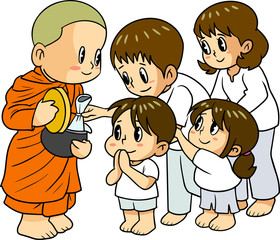 The family gives alms to monks