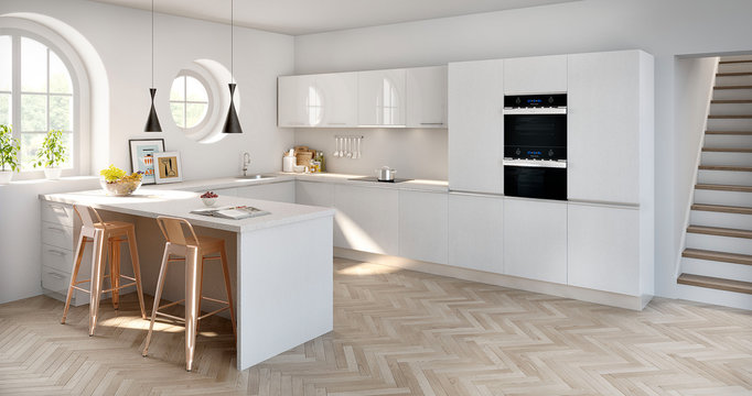 Cocina moderna blanca estilo minimalista con ventanales redondos y luz c&aacute;lida