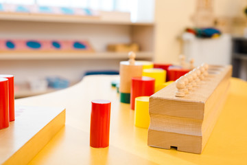 Selective focus of educational board games on desk in class