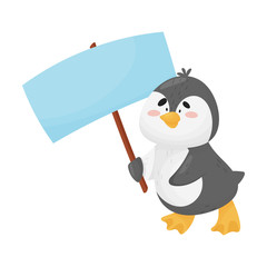Cute Penguin Holding Blank Banner Sign Vector Illustration