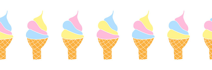 Ice cream cone seamless vector border. Waffle cones with soft ice cream. Use for cards, kids decor, banners, footer, divider, header, store advertisement 