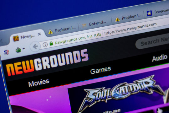 Ryazan, Russia - June 05, 2018: Homepage of NewGrounds website on the display of PC, url - NewGrounds.com.