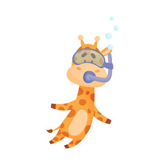 Spotted Giraffe Wearing Diving Suit Snorkeling Underwater Vector Illustration