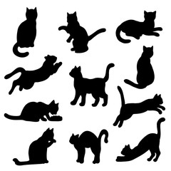 Vector black silhouettes of cats, isolate on a white background