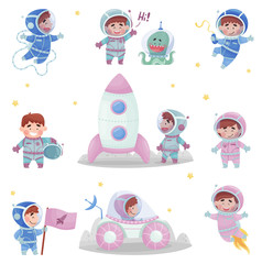 Little Astronaut Wearing Spacesuit Exploring the Moon Vector Illustrations Set