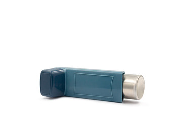 Asthma inhaler equipment on white background with clipping path.Pharmaceutical product for treat and prevent wheezing and shortness of breath and respiratory attack.