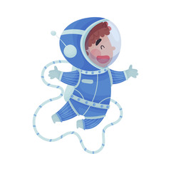 Little Boy Astronaut Wearing Spacesuit Exploring the Moon Vector Illustration