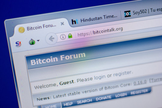 Ryazan, Russia - June 05, 2018: Homepage of BitcoinTalk website on the display of PC, url - BitcoinTalk.org.