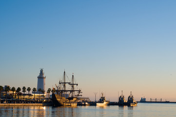 Different ships in port of Malaga. Spain. Travel by Europe. 