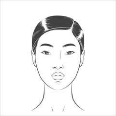 Asian Woman face. Black and white line sketch front portrait