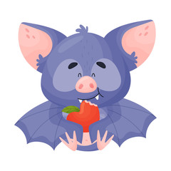 Cartoon Bat Character Eating Apple Vector Illustration