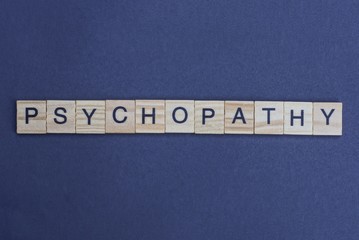 word psychopathy made from wooden letters lies on a gray table