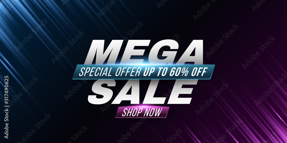 Wall mural Mega sale poster. Cover for your ad design. Abstract purple and blue rays. Light effect. Vector illustration