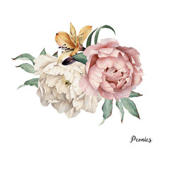Bouquet of peonies, watercolor, can be used as greeting card, invitation card for wedding, birthday and other holiday and  summer background © ola-la