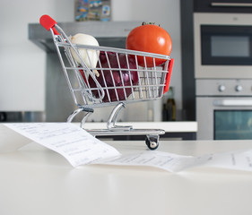 Shopping till receipt and shopping trolley cart concept for grocery expenses and consumerism