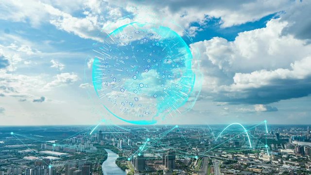 Smart city and communication network concept. Evening city time lapse with futuristic elements of telecommunications. The concept of high technology in the field of telecommunications
