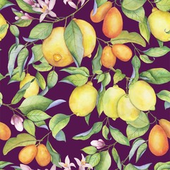 Colorfull watercolor hand drawing lemons pattern on dark purple