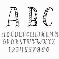 Alphabet with capital letters and numbers only. Hatched handwritten  font.  Slightly curved letters for menu, signage and lettering