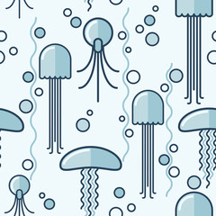 Cartoon funny jellyfishes in the sea. Seamless pattern. Delicate shades of blue. Light background. Bubbles of air. Sea animals swim up.