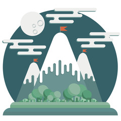 Flat night mountain landscape. At the top of the mountains are red flags. Success, goal, achievement.