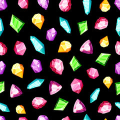 Fototapeta premium Crystal seamless pattern - colorful blue, golden, pink, violet, rainbow crystals or gems on white background, endless background with gemstones, minerals, diamonds, flat vector for textile, wrapping