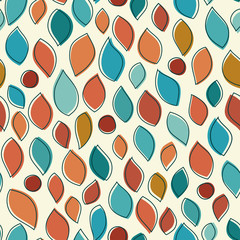 Seamless floral background. Colorful leaves and red berries scattered on the background. Dark outline, muted fill.