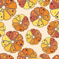 Juicy bright seamless pattern with citrus slices. Contrasting colors. Orange, purple, yellow.