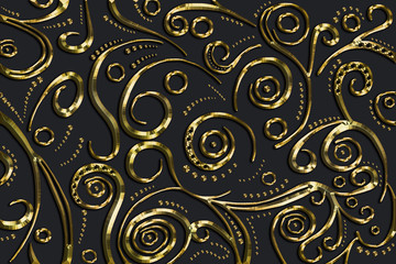 Gold openwork pattern on a black background, Abstract drawing.3D illustration