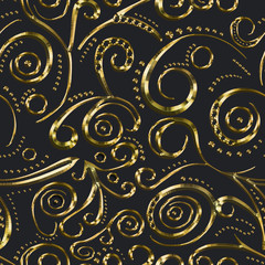: Gold openwork pattern on a black background, seamless background.3D illustration