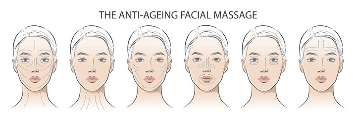 Fototapeta premium Set of facial cosmetic instructions on woman.