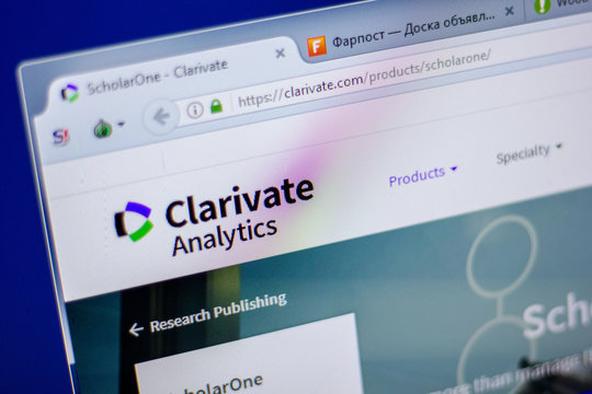 Ryazan, Russia - June 05, 2018: Homepage of Clarivate website on the display of PC, url - Clarivate.com.