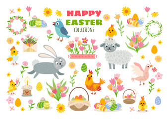 Set of easter cartoon characters and design elements