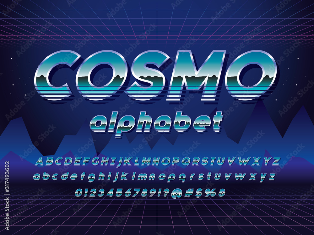 Poster vector of stylized retro alphabet design with metallic effect