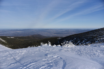 Winter panorama of Karkonosze Mountains, Poland.