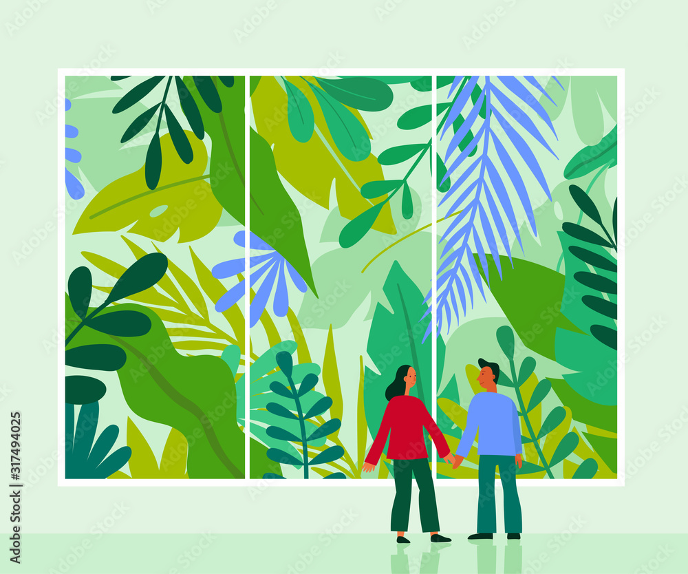 Poster vector illustration in flat cartoon simple style with character - couple looking through the window 