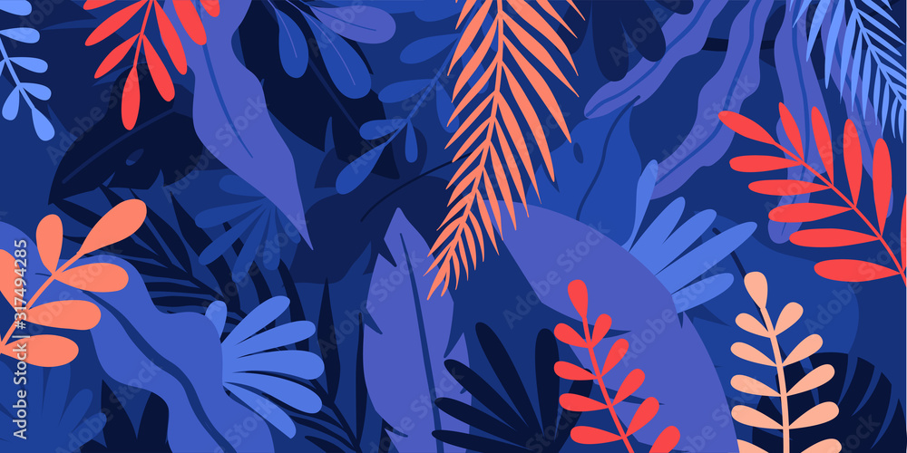 Poster Vector illustration in simple flat style with copy space for text - background with plants and leaves - backdrop for greeting cards, posters, banners and placards