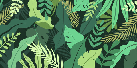 Vector illustration in simple flat style with copy space for text - background with plants and leaves - backdrop for greeting cards, posters, banners and placards