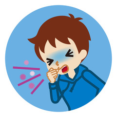 Toddler boy suffering from cough - flu symptom clip art, circular icon