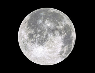 Full moon isolated on black background. Image in high resolution. Bright lunar satelite.